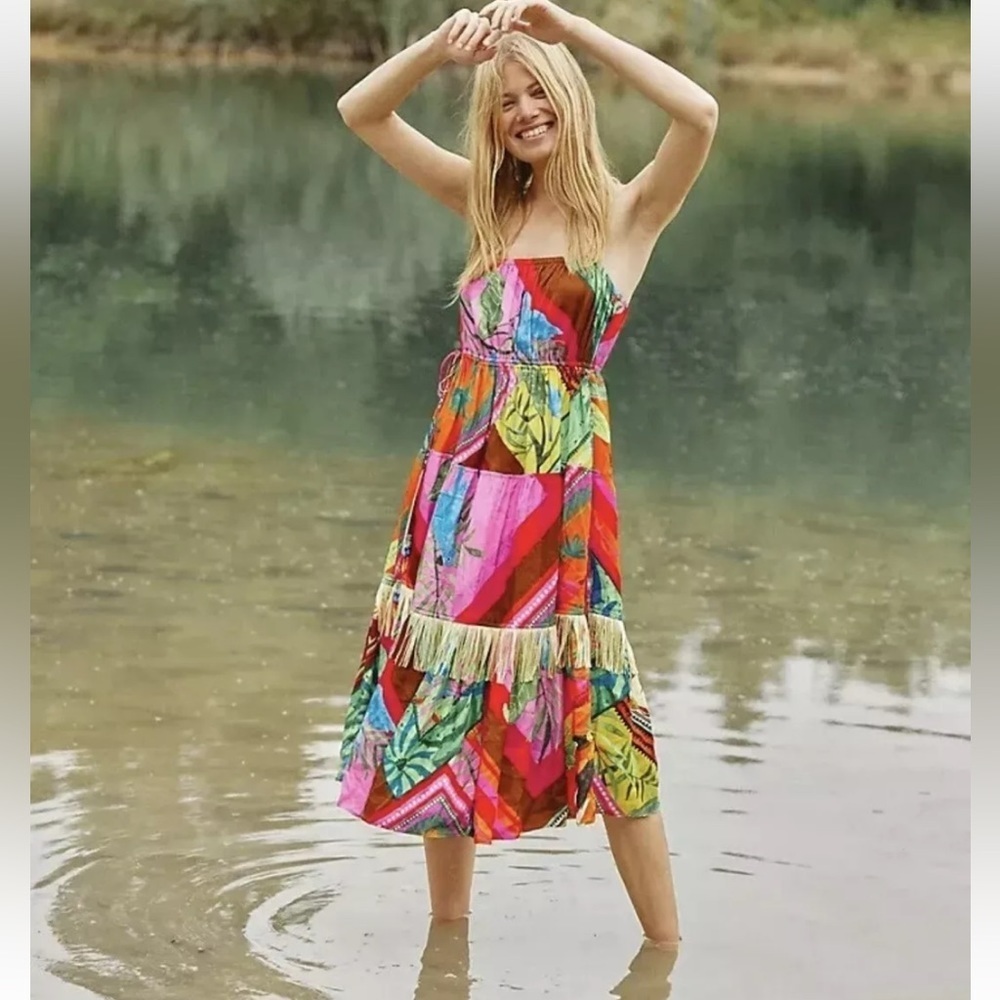 New! Farm rio for Anthropologie small pallia tropical print fringe midi dress.